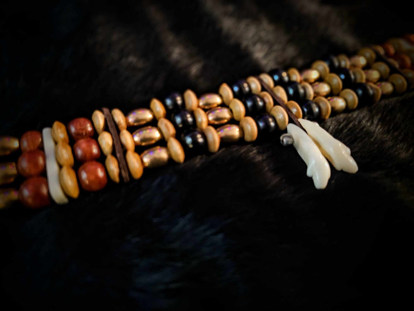 Double Wolf Tooth Beaded Brass, Bone, and Horn Choker Necklace