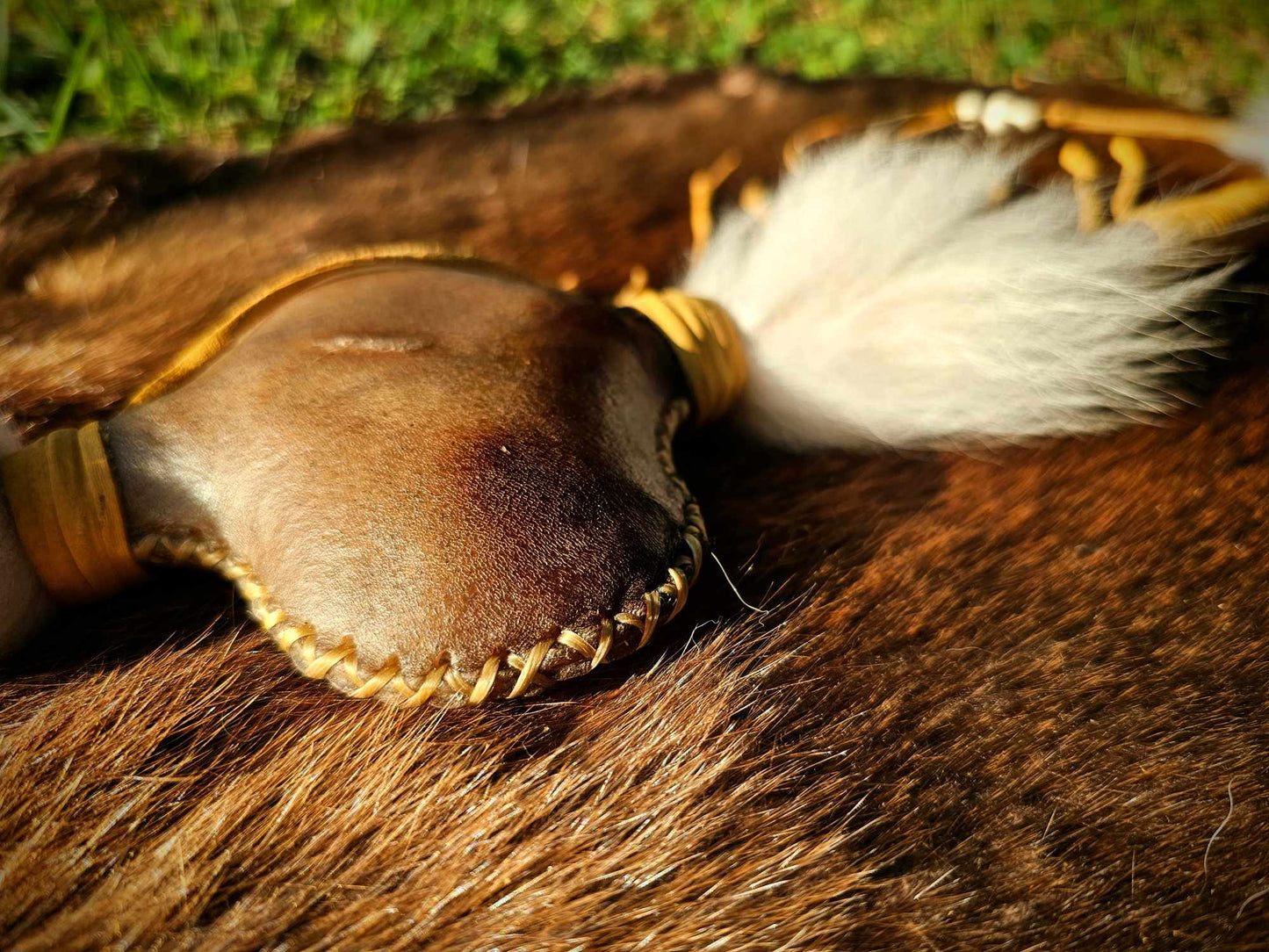 Running Dogs' Hunt Ceremony Rattle | Bison Hide | Copper Beads