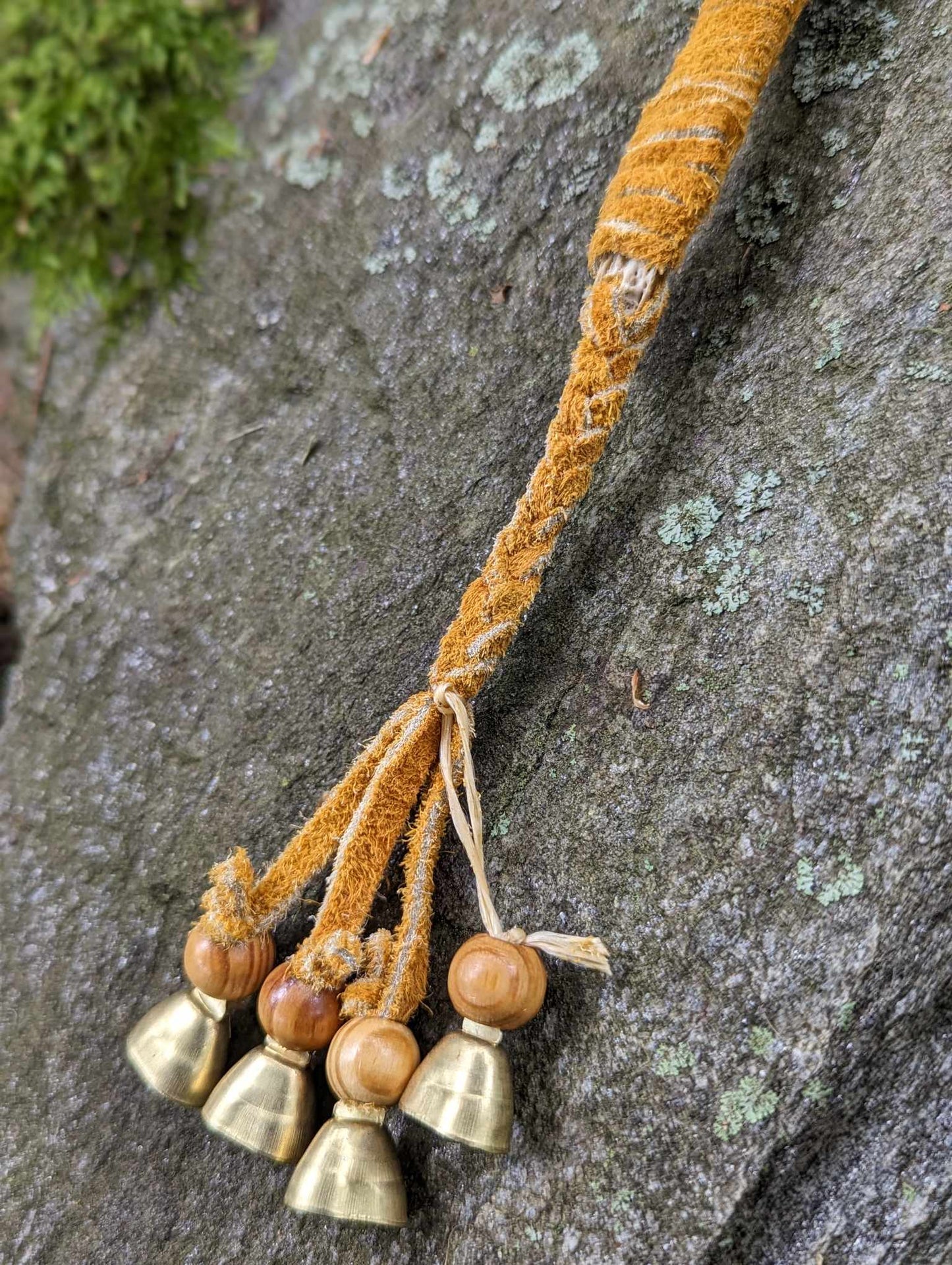Deer jaw, buckskin, wood bead, 9 bells meditation rattle