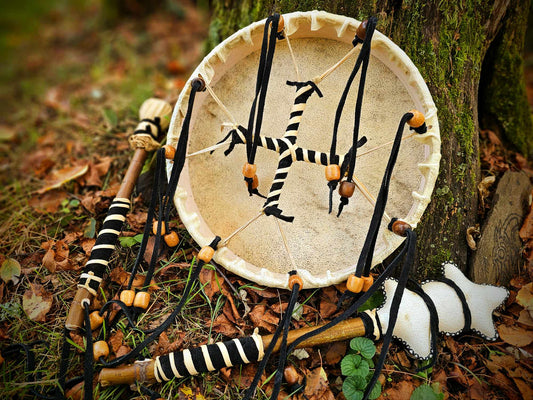 Bear Hide Drum, Beater, and Rattle With Leather Grips