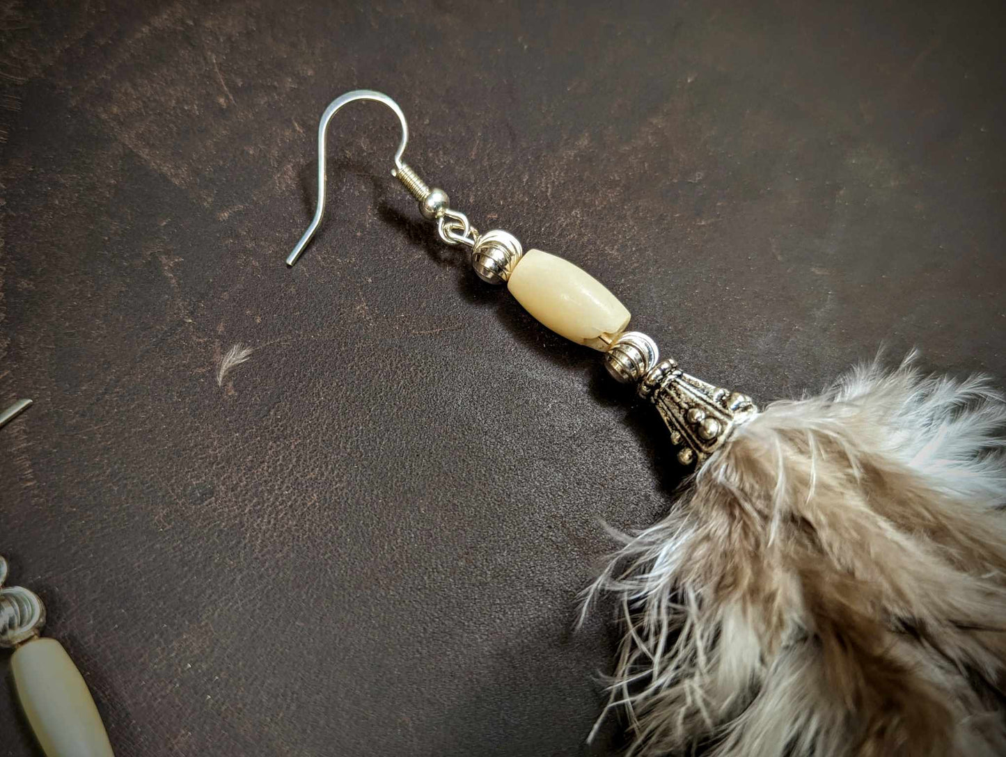 Guinea Feather Sterling Silver Lava And Bison Bone Bead Earrings