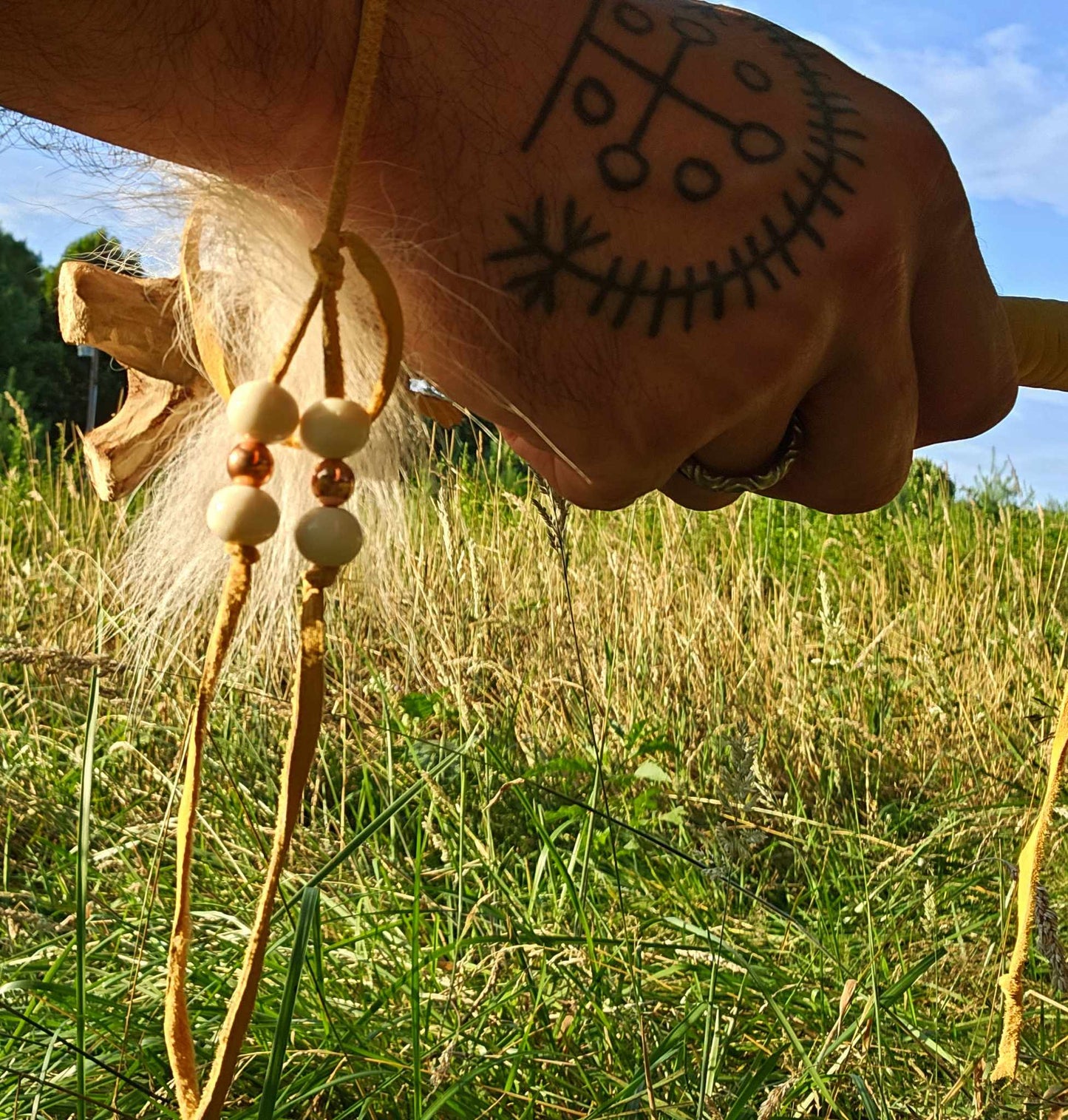 Running Dogs' Hunt Ceremony Rattle | Bison Hide | Copper Beads