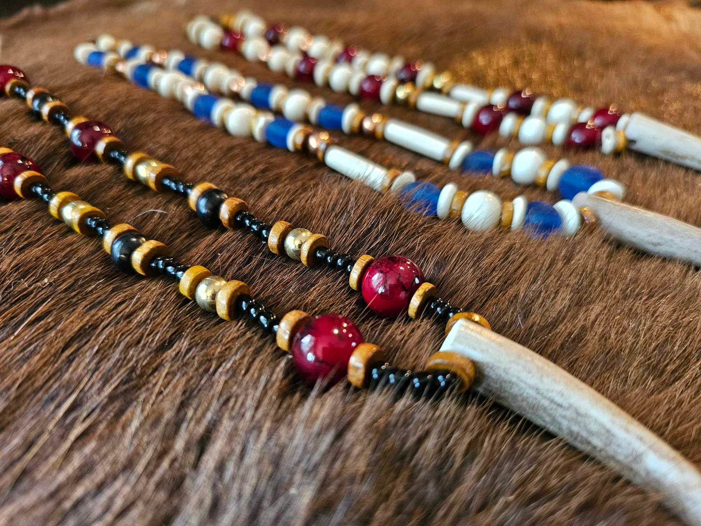 Elk Antler Pendants | Wood, Glass, Brass, Copper, Bison Bone & Horn, White Quartz Beads