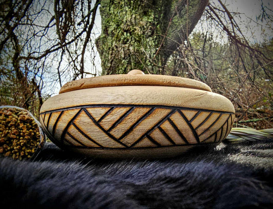 Hand Burned Woven Band Bowl With Lid