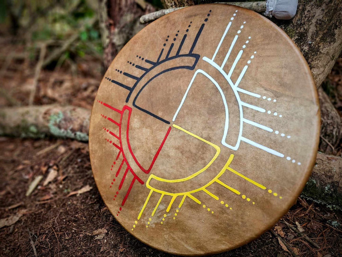 20" Bison Hide Drum With Beater | Hand Painted Four Directions Medicine Wheel Art