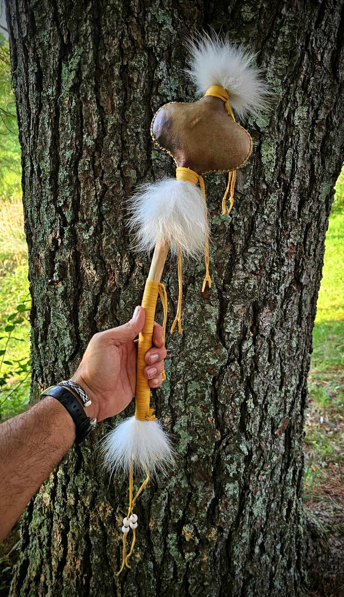 Running Dogs' Hunt Ceremony Rattle | Bison Hide | Copper Beads