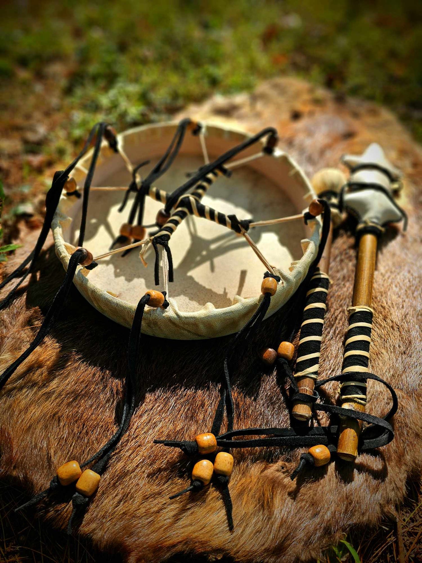 Bear Hide Drum, Beater, and Rattle With Leather Grips