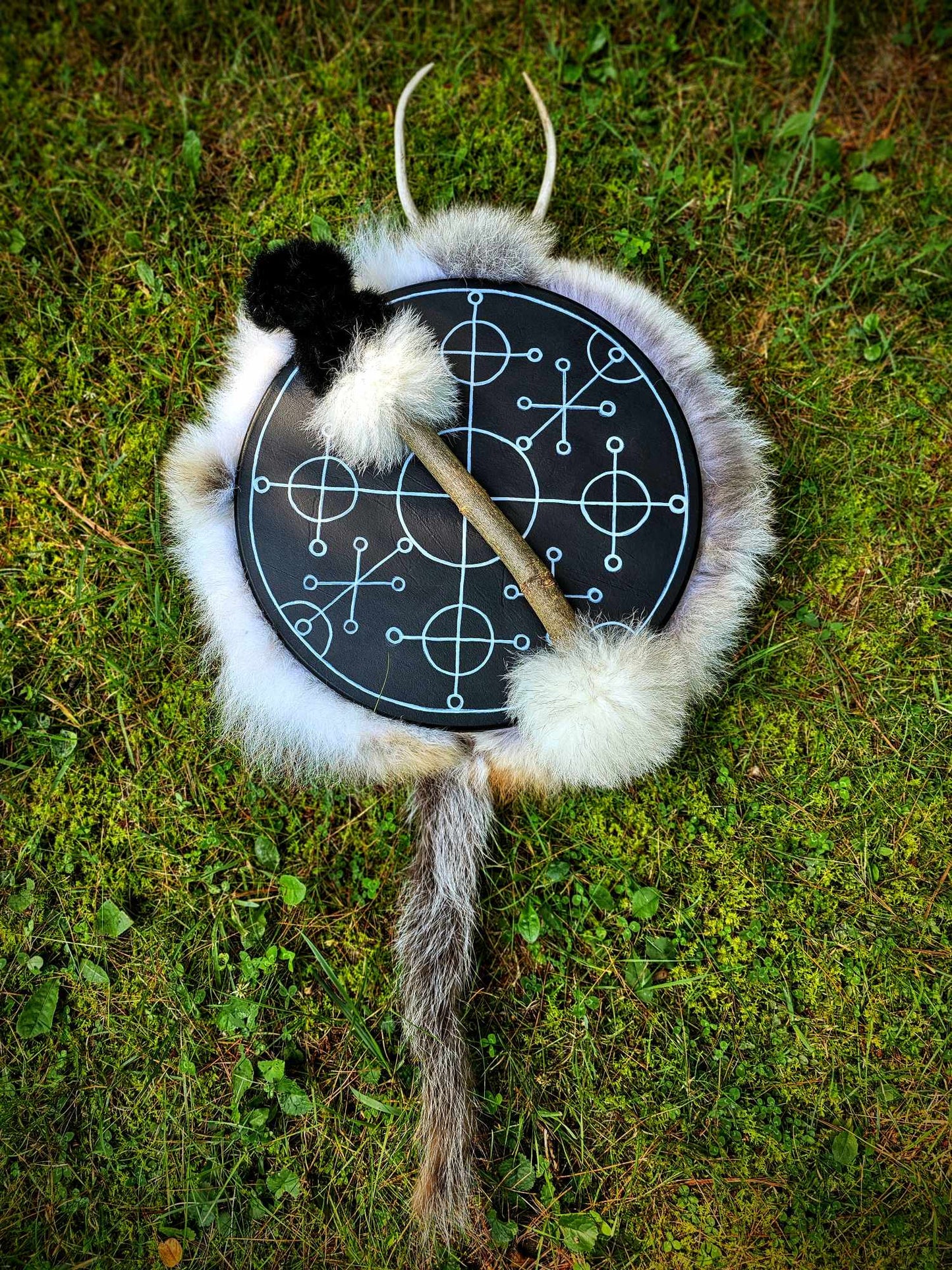 "Sun of All Seasons" Black Deer Hide Drum With Antler, Skull, Coyote and Wolf