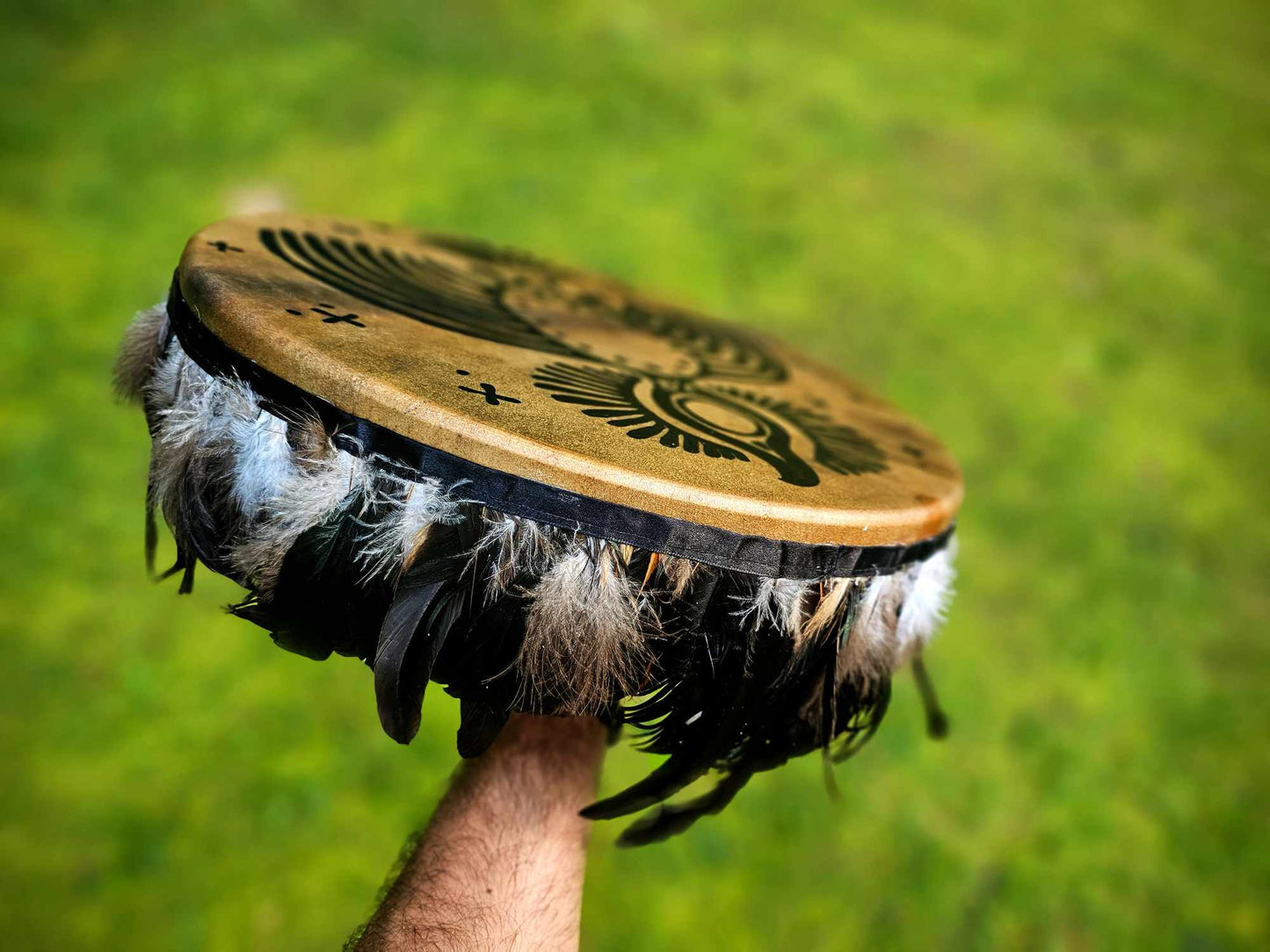 15" Black Bird Spirit Drum With Black Iridescent Rooster Hackle Fringe