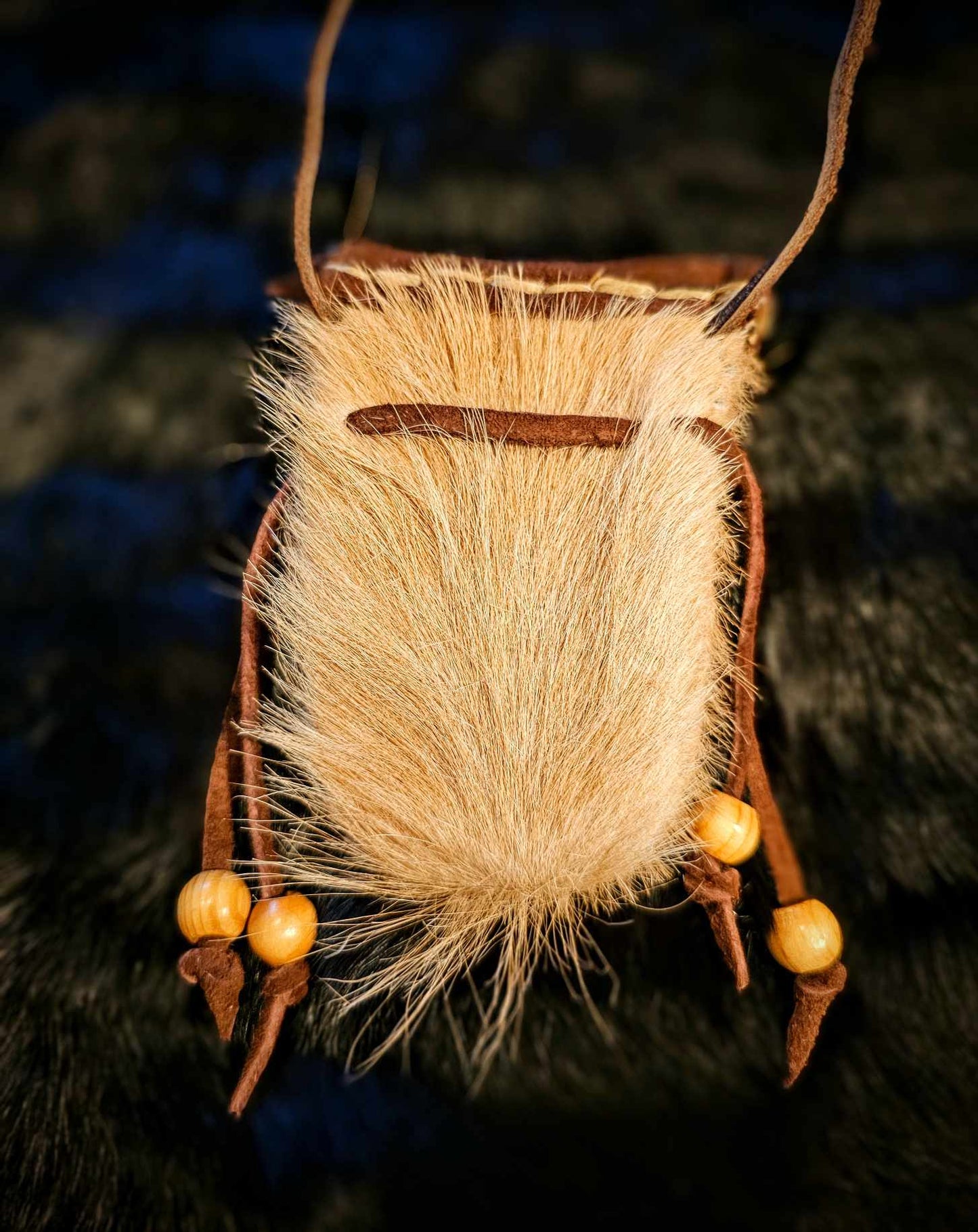 Hair On Cowhide and Suede Leather Pouch With Wood Beads