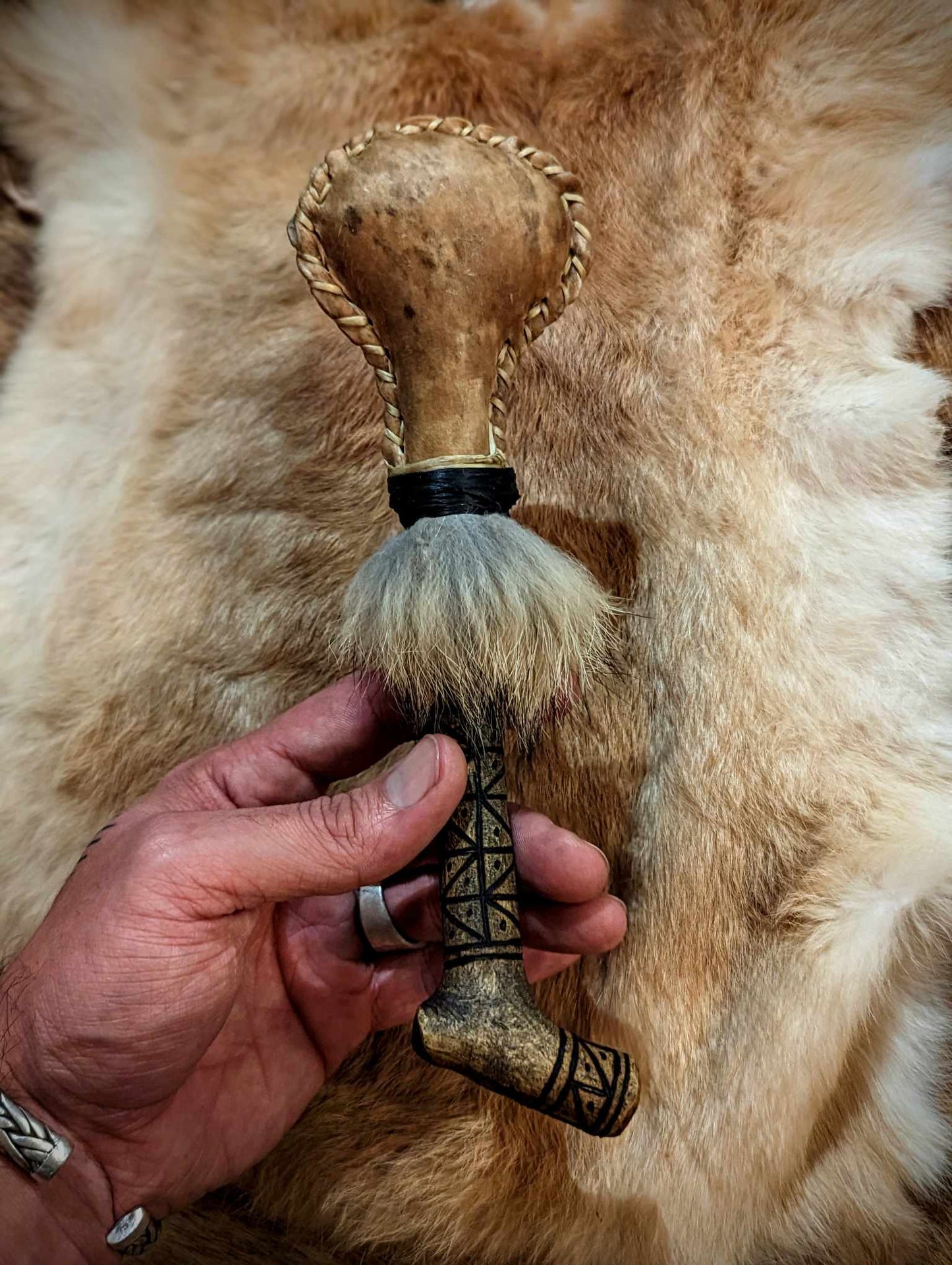 Hand Burned Holly Engraved Deer Hide Coyote Fur Shaman Rattle