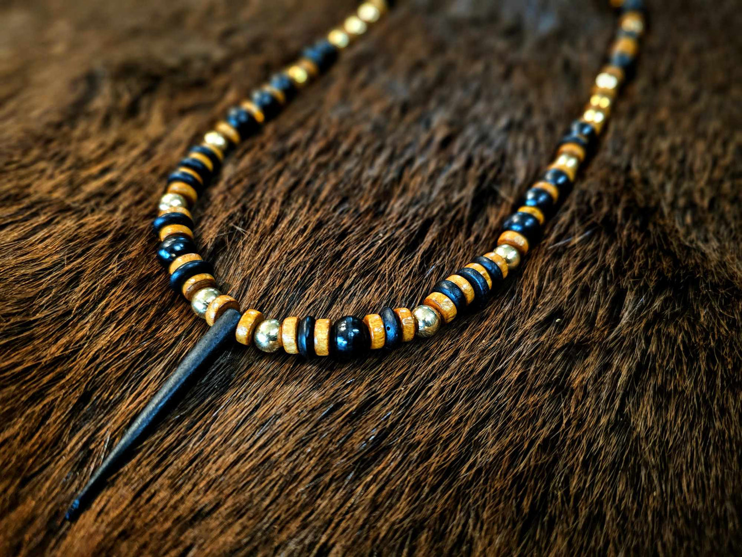 Buffalo Horn Spike Necklace With Brass And Wood Beads