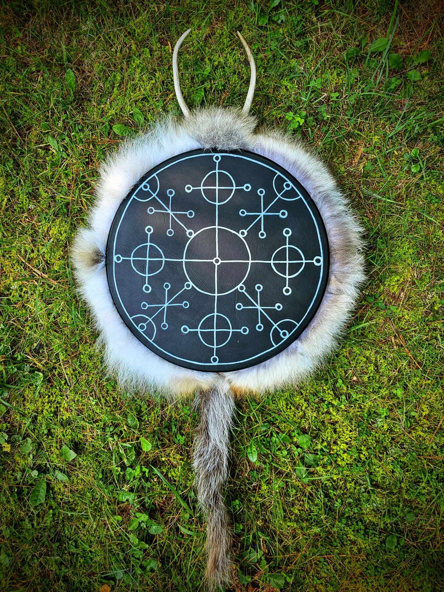 "Sun of All Seasons" Black Deer Hide Drum With Antler, Skull, Coyote and Wolf