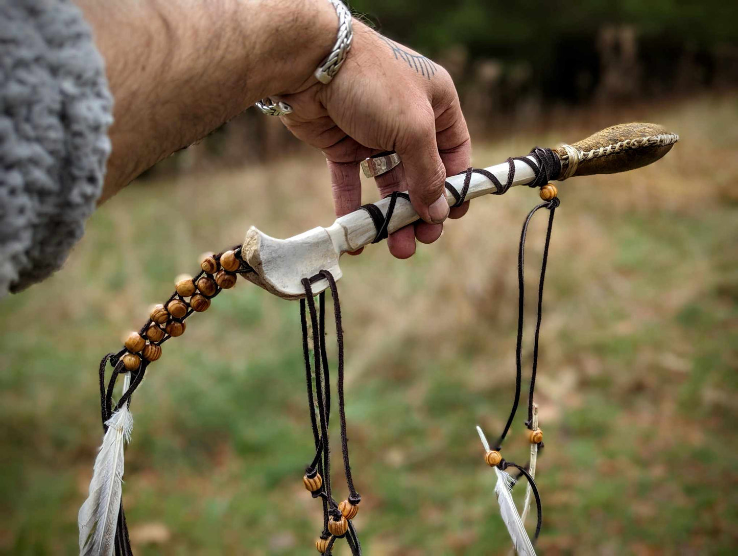 Bear Hide Arrow Shaman Rattle Deer Bone Handle Wood Beaded With Duck Feathers