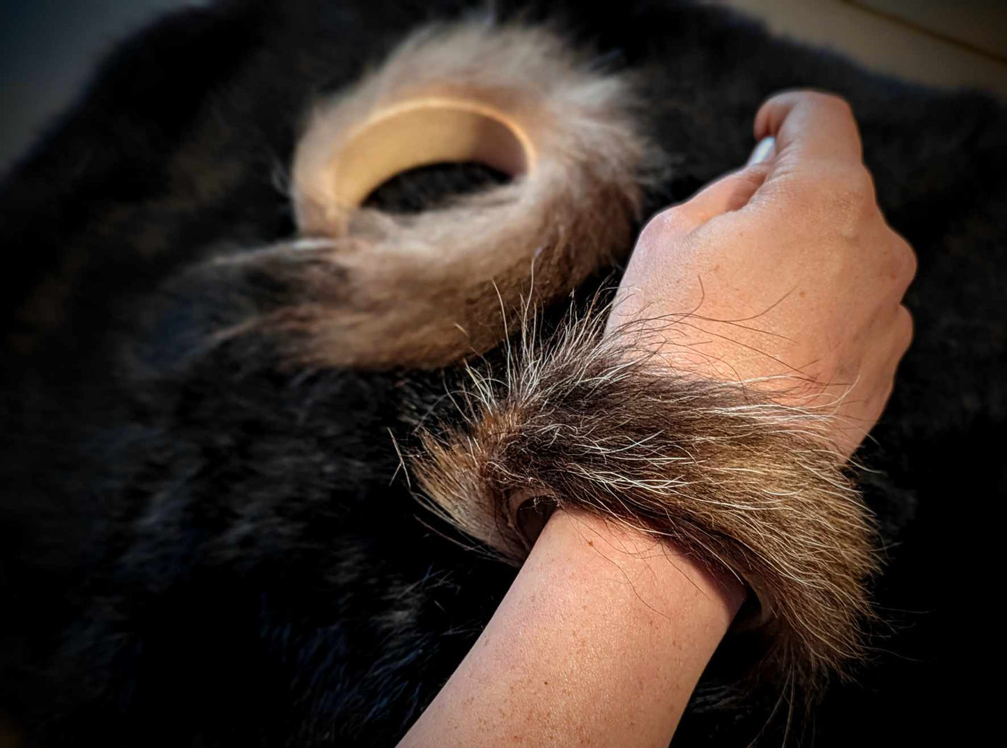 Wolf Fur And Wood Bangle Cuffs