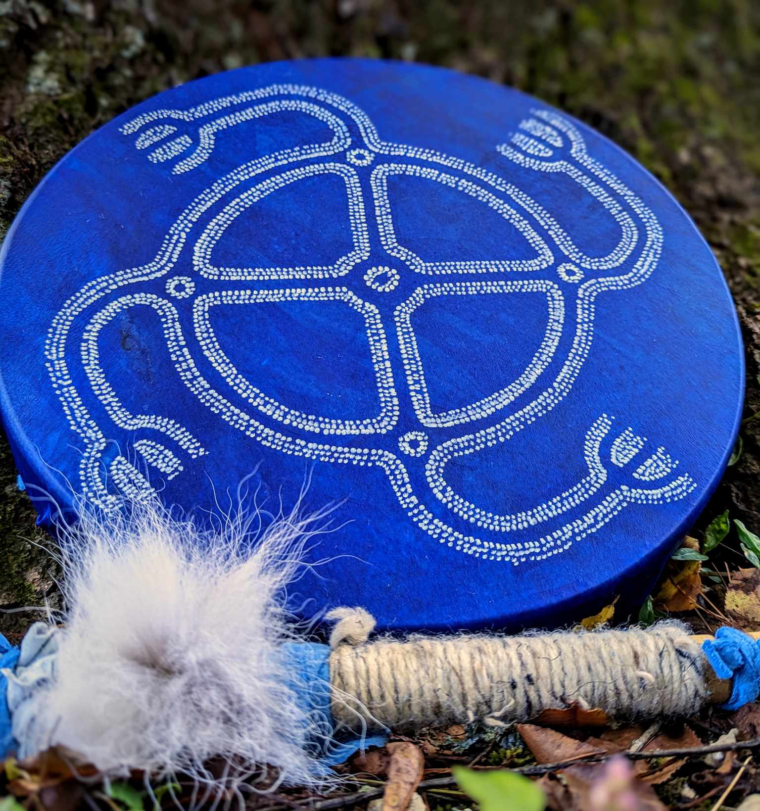 12" Deer Hide Dyed Turning Wheel Drum with Bobcat Fur Beater