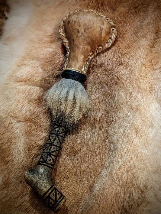 Hand Burned Holly Engraved Deer Hide Coyote Fur Shaman Rattle