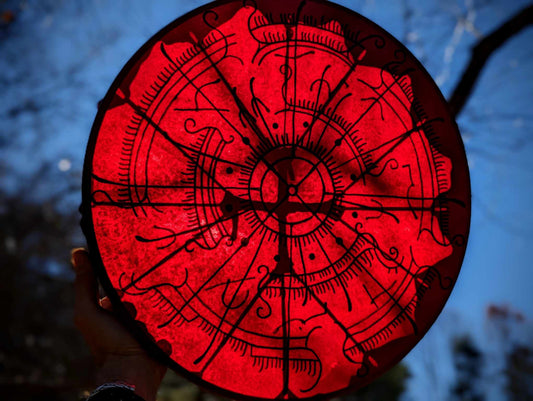 18 Inch Red Deer Hide Shaman Drum | Sailing Under The Blood Moon Hand Painted Viking Ship Art