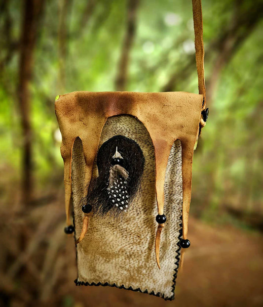 Bear Rawhide Foraging Bag With Buckskin Flap and Buffalo Horn