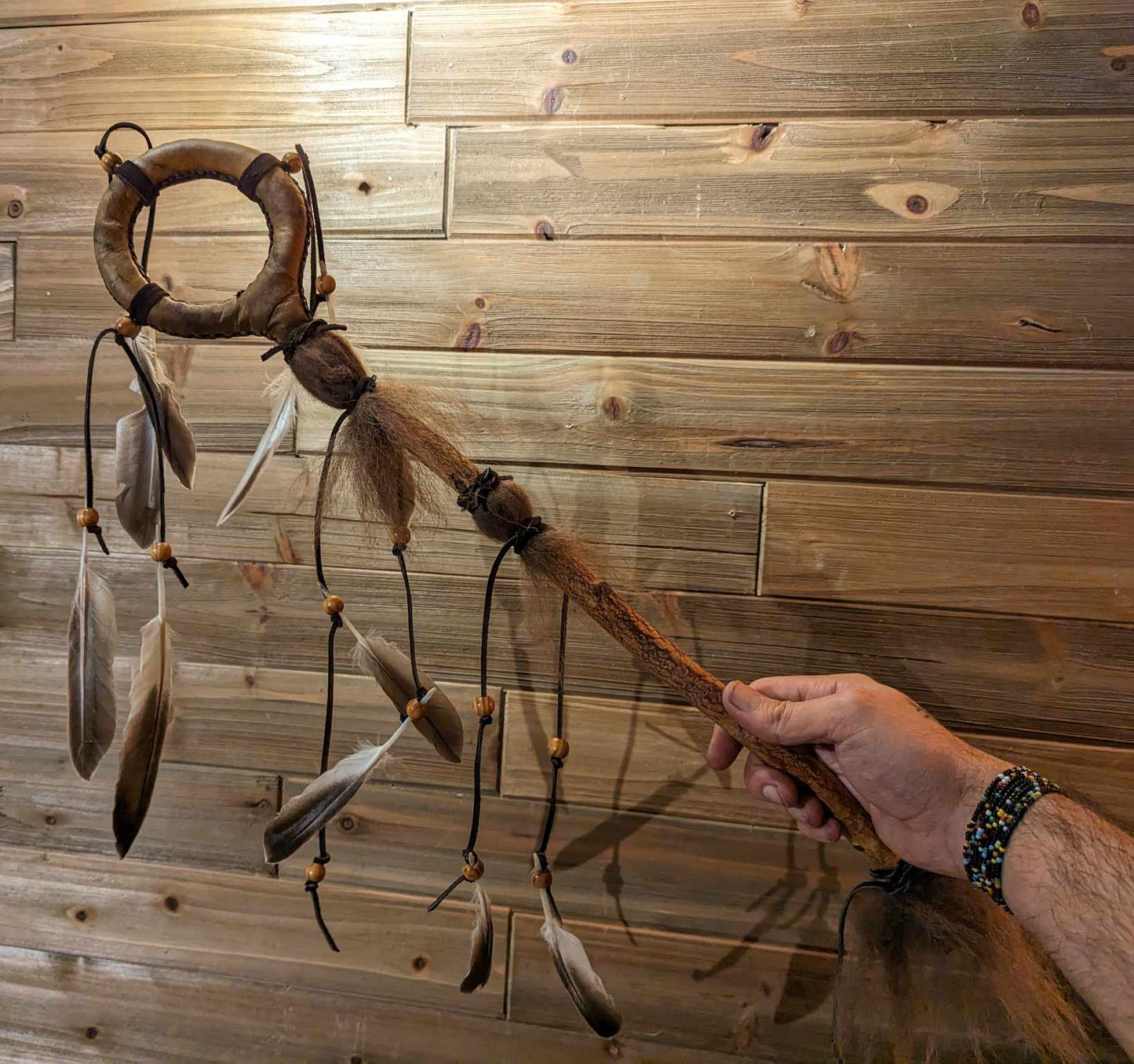 Bison Hide Loop Shaman Rattle Hand Crafted from Birch Wood Duck Feathers and Buffalo Hide | Meditation Rattle | Sound Healing