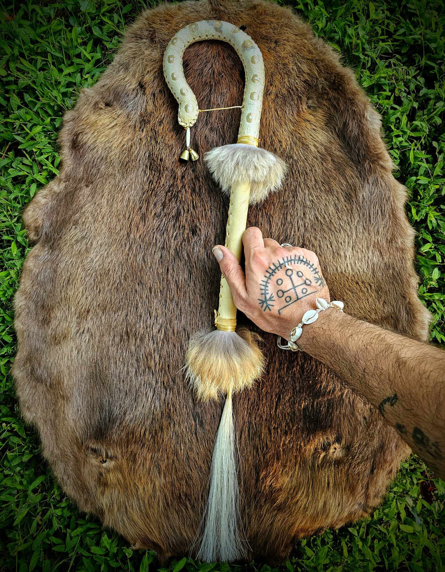 Good Harvest Snake Shape Bear Hide Rattle With Horse Hair and Coyote Fur