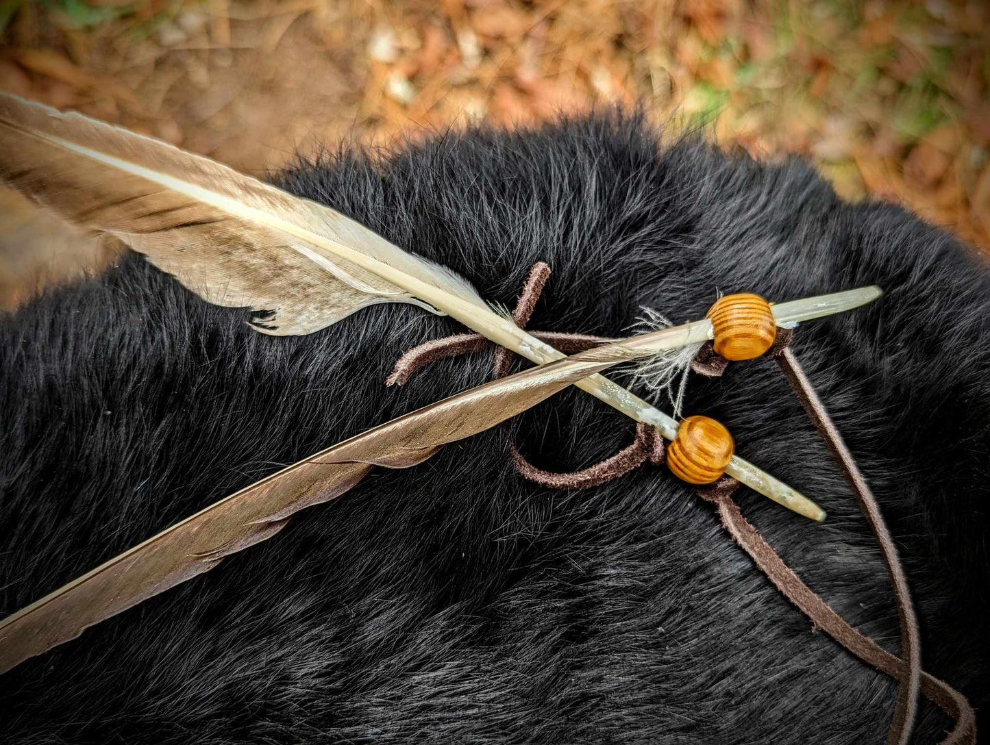 Bear Hide Arrow Shaman Rattle Deer Bone Handle Wood Beaded With Duck Feathers