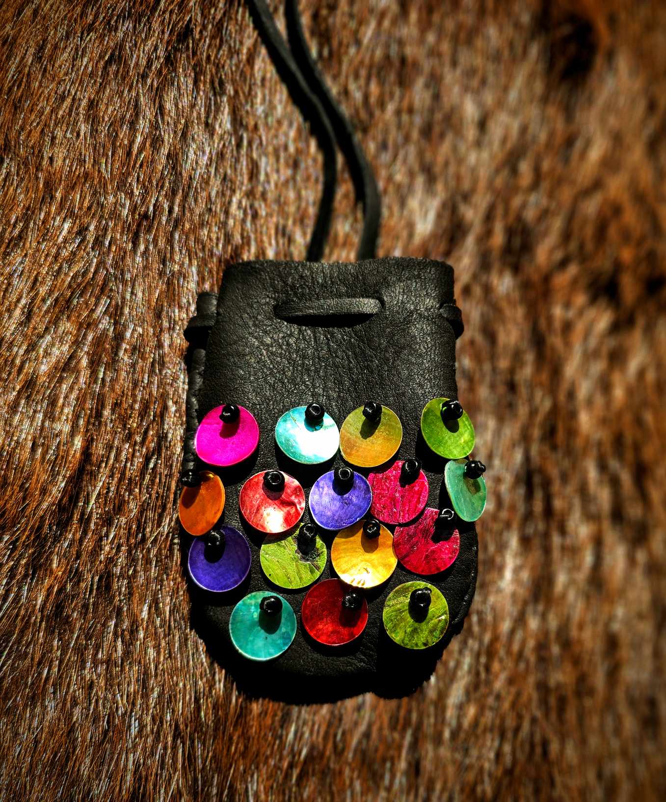 Rainbow Oyster Shell Buckskin Medicine Bag