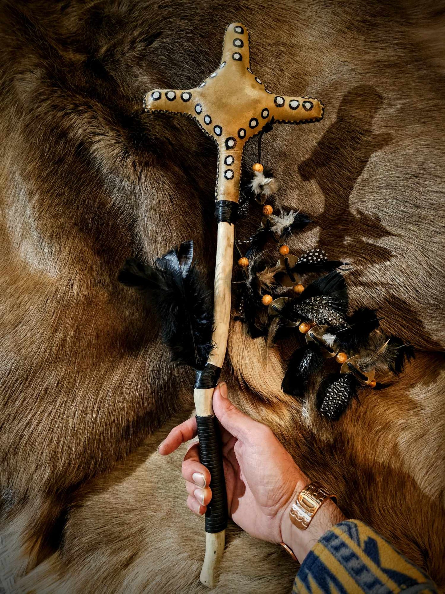 'Four Winds' Elk Skin Medicine Rattle With Spotted Guinea Feathers