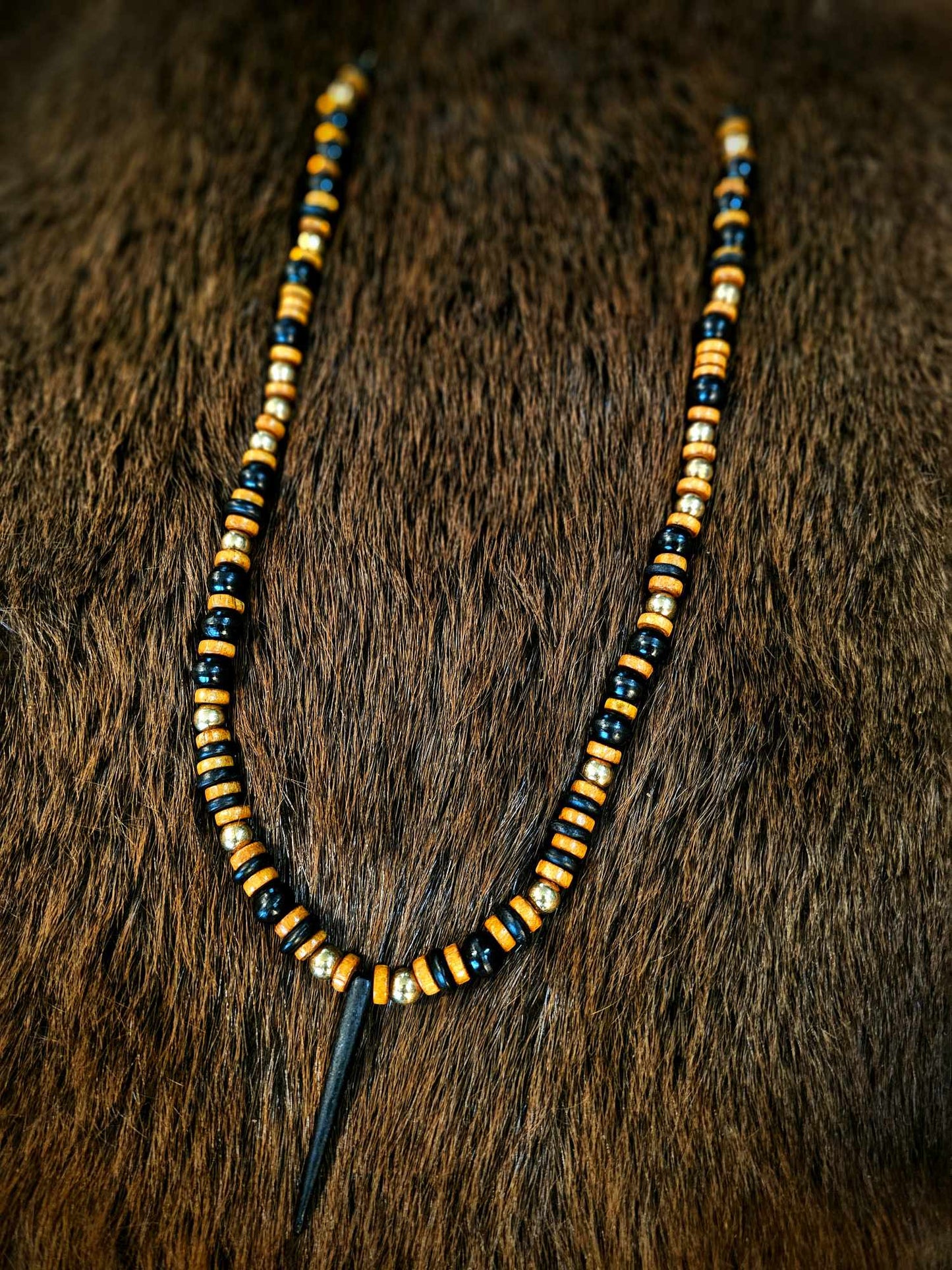 Buffalo Horn Spike Necklace With Brass And Wood Beads