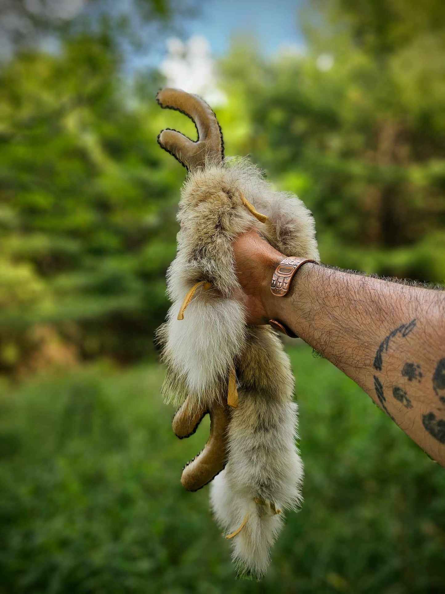 Elk Hide Antler Rattle With Coyote Fur