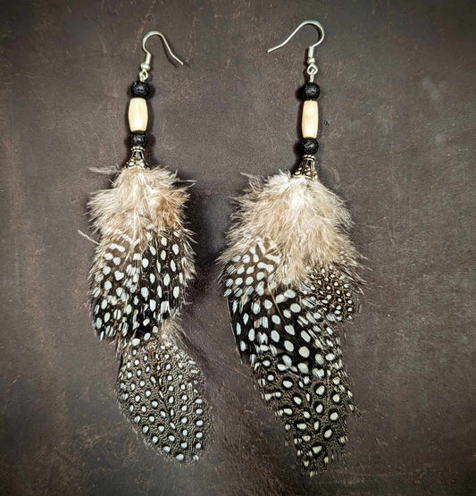 Guinea Feather Sterling Silver Lava And Bison Bone Bead Earrings