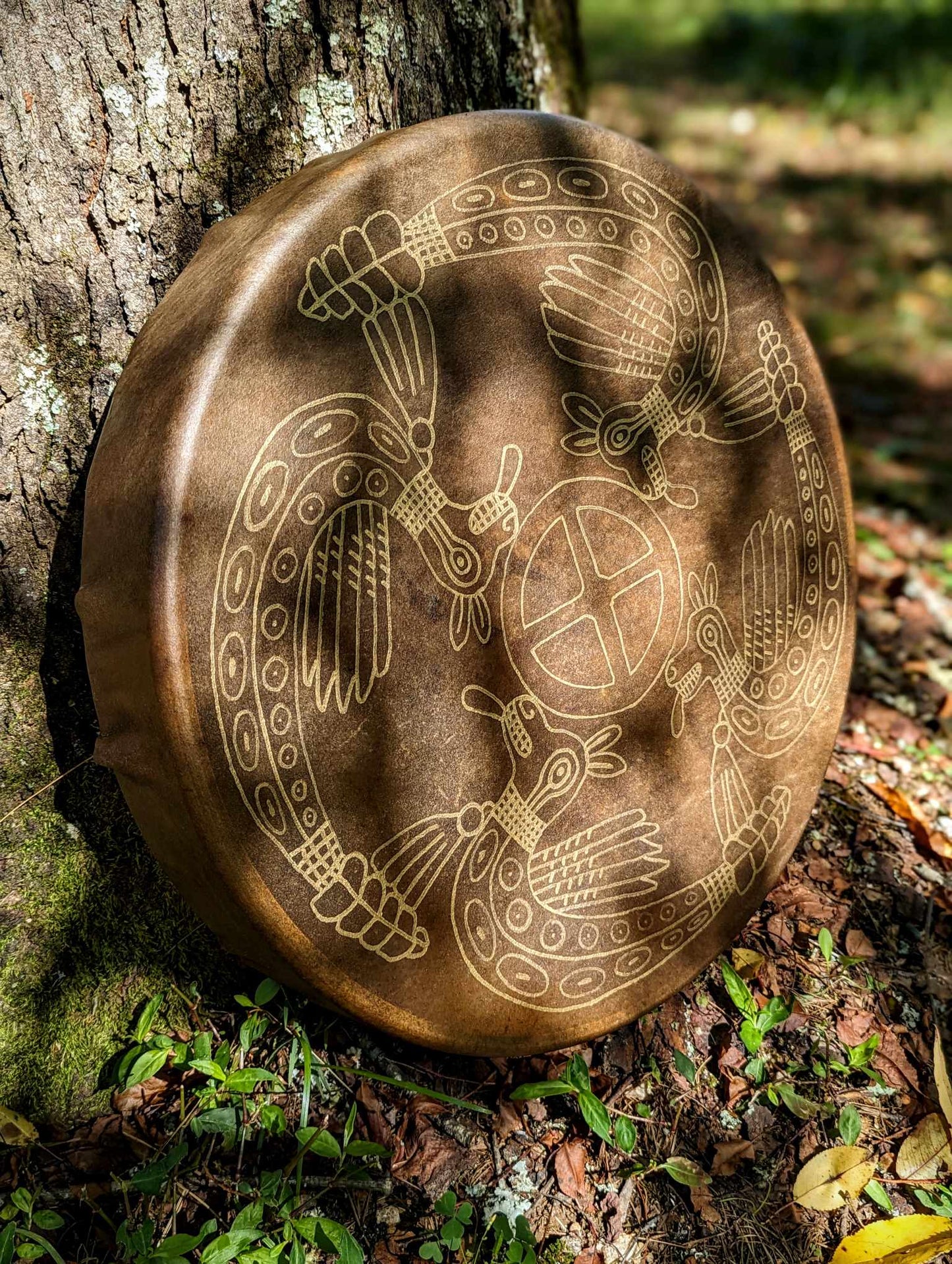 18" Bison Hide Drum | Hand Painted Gold Sunwheel Winged Serpent