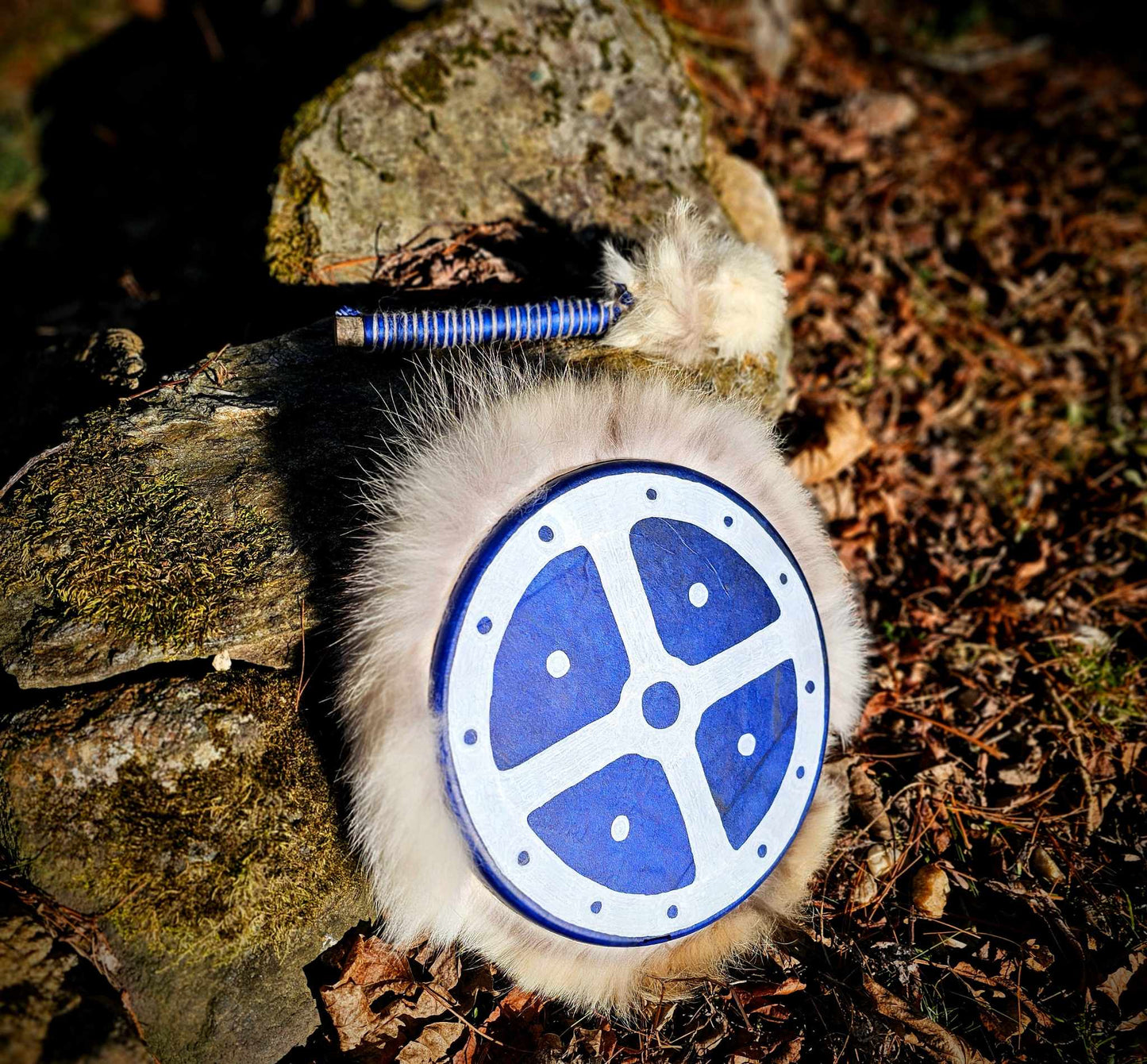 Winter Sundog Blue Deer Hide Drum With Coyote Fur and Rabbit Fur Beater