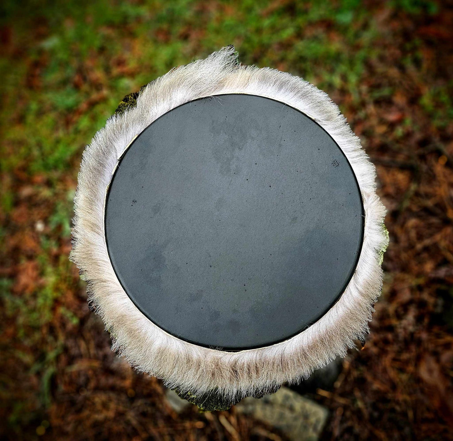 Black Deer Hide Drum & Beater With Wolf Fur Trim & Rabbit Fur Head