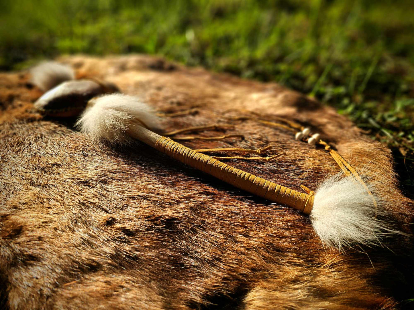 Running Dogs' Hunt Ceremony Rattle | Bison Hide | Copper Beads