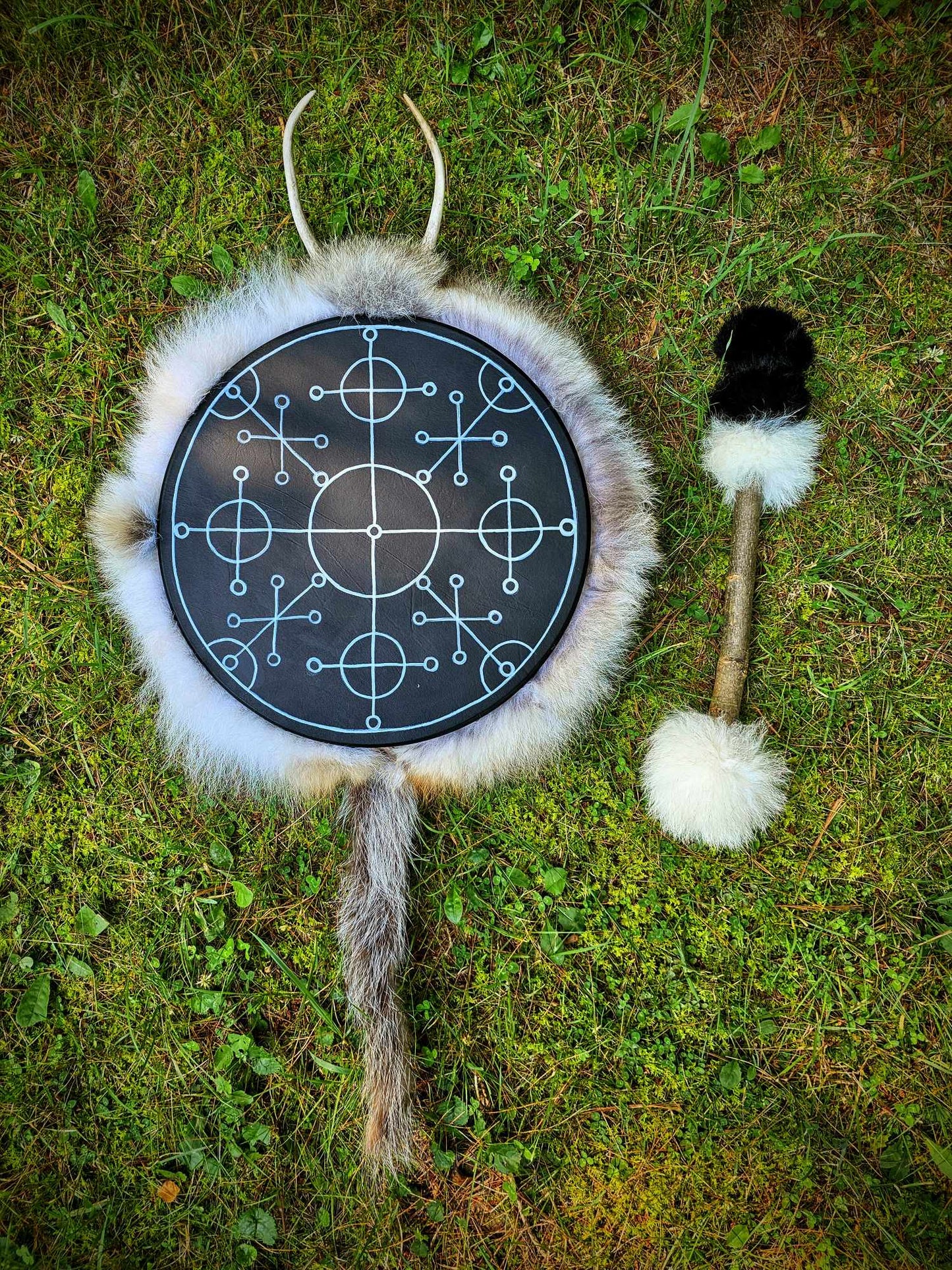 "Sun of All Seasons" Black Deer Hide Drum With Antler, Skull, Coyote and Wolf