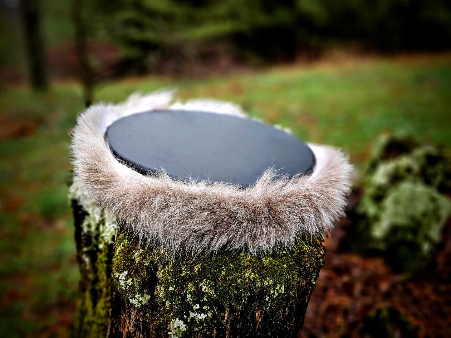 Black Deer Hide Drum & Beater With Wolf Fur Trim & Rabbit Fur Head