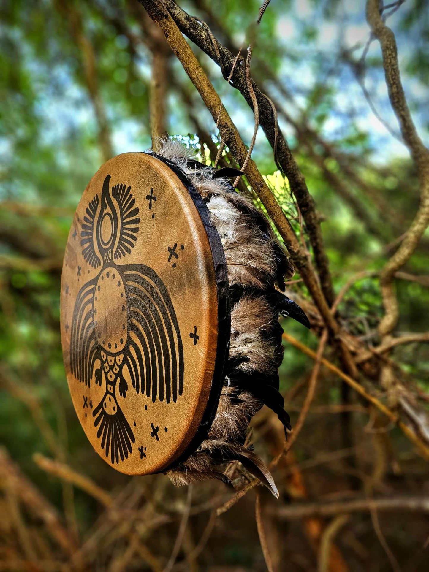 15" Black Bird Spirit Drum With Black Iridescent Rooster Hackle Fringe