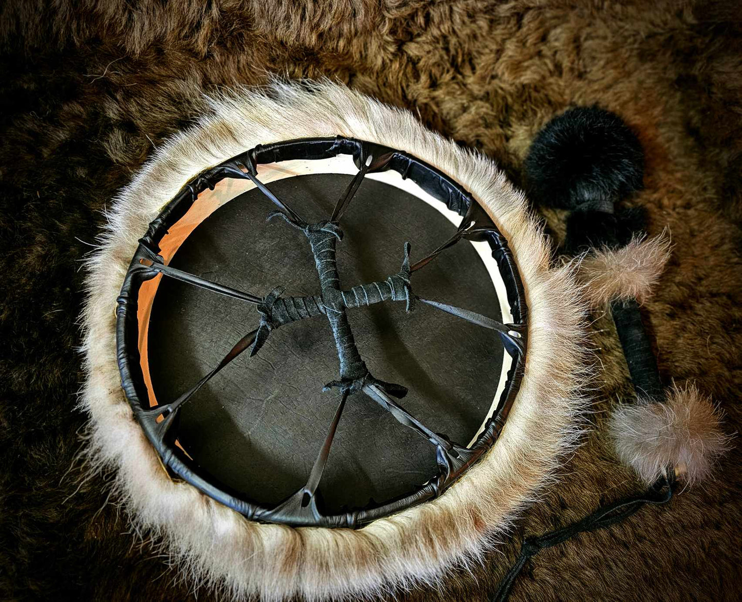 Black Deer Hide Drum & Beater With Wolf Fur Trim & Rabbit Fur Head