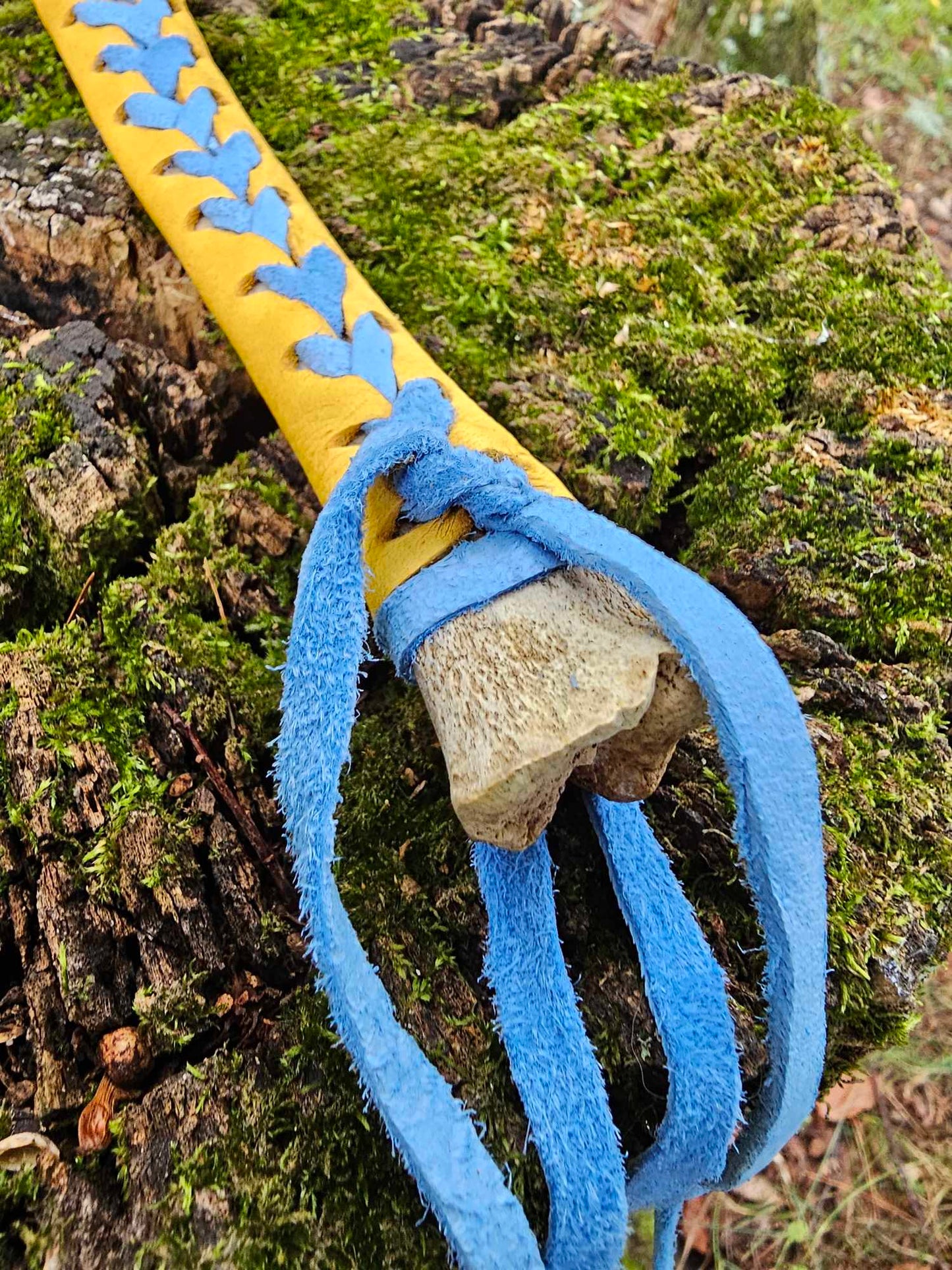 Deer bone Smudge Fan with Turkey feather, Elk Leather, Blue-Dyed Buckskin