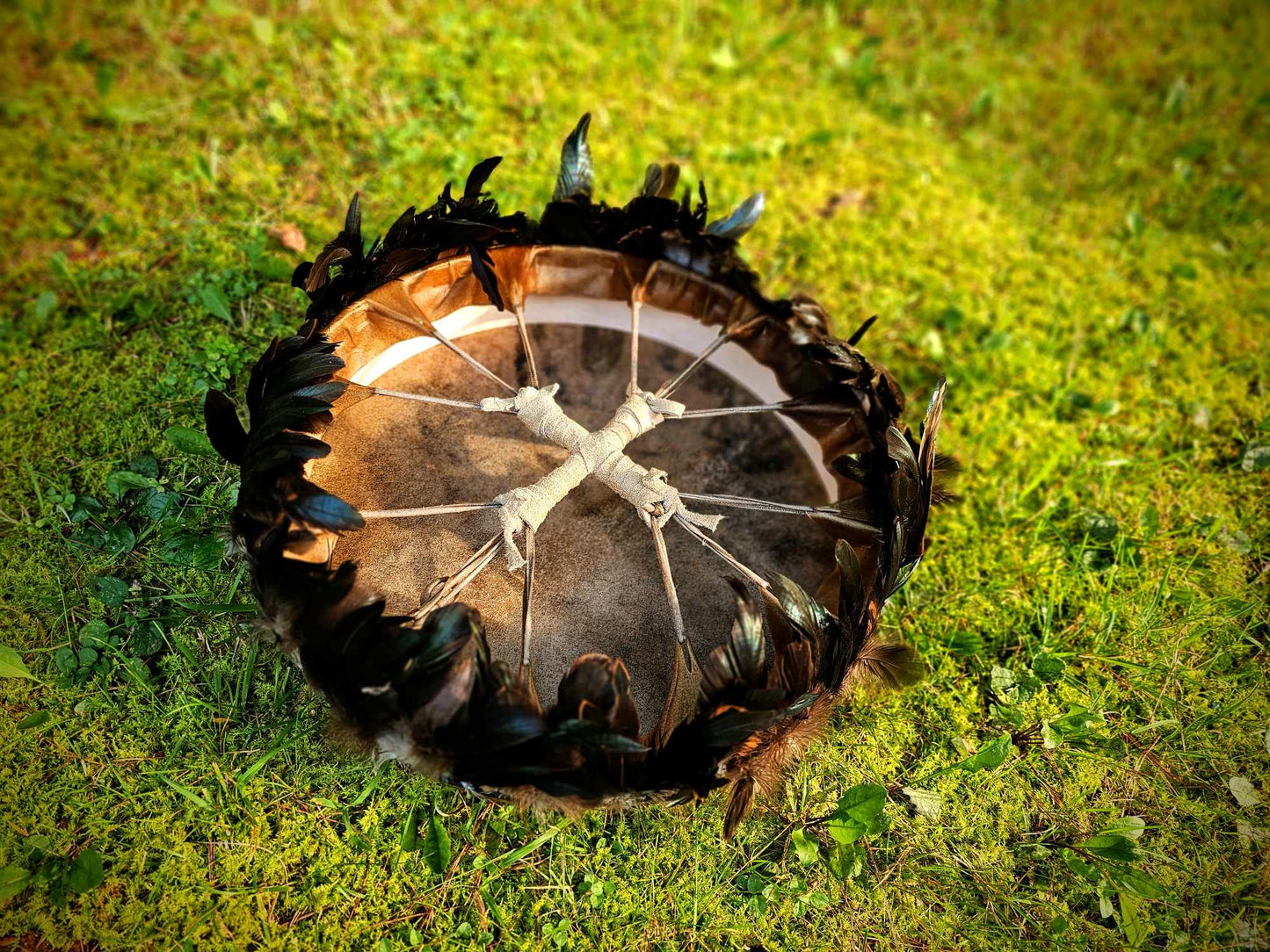 15" Black Bird Spirit Drum With Black Iridescent Rooster Hackle Fringe