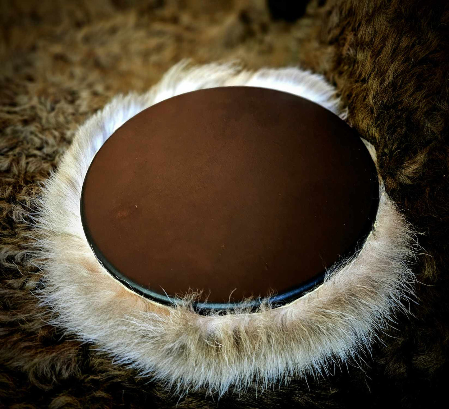 Black Deer Hide Drum & Beater With Wolf Fur Trim & Rabbit Fur Head