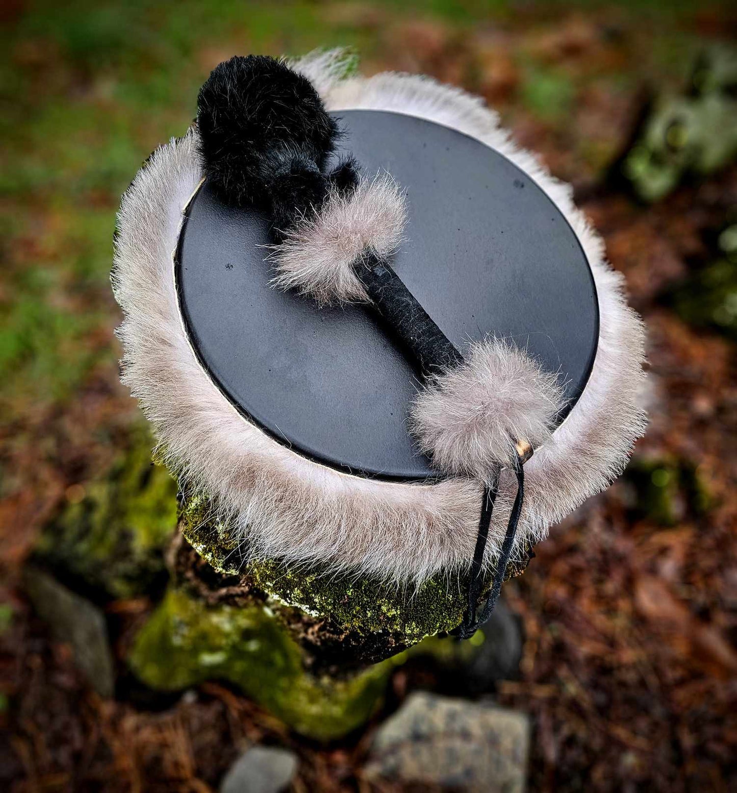 Black Deer Hide Drum & Beater With Wolf Fur Trim & Rabbit Fur Head