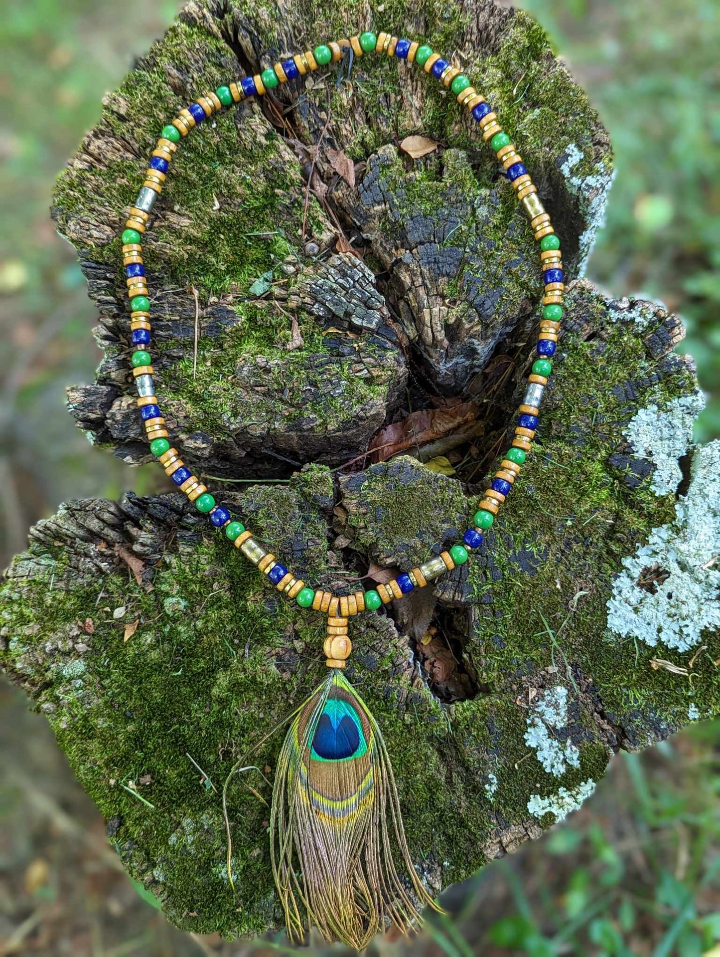 Wood, Green & Blue Glass and Metal Beaded Peacock Feather Necklace