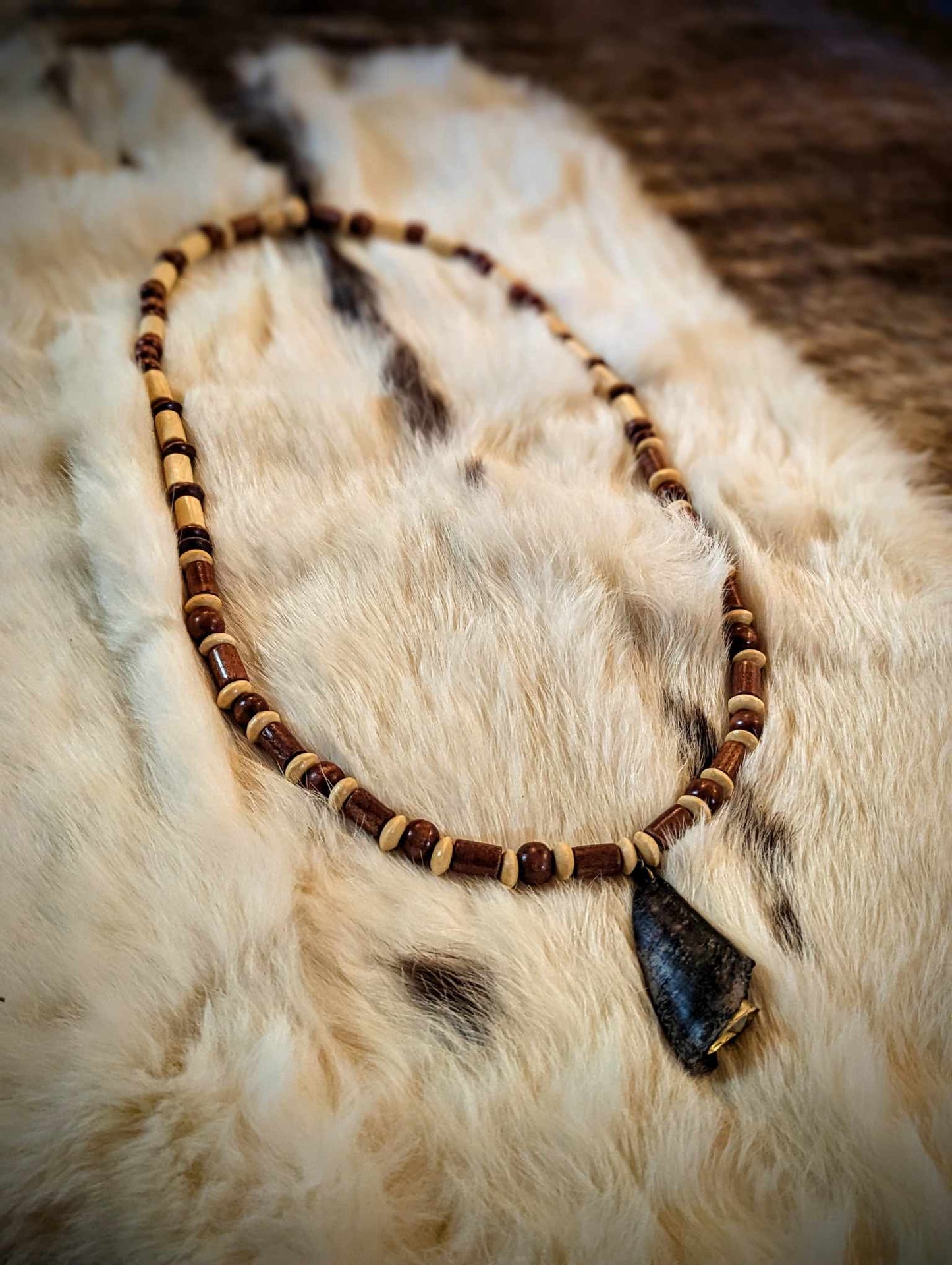 Deer Hoof and Bell Amulet with Wood Beads