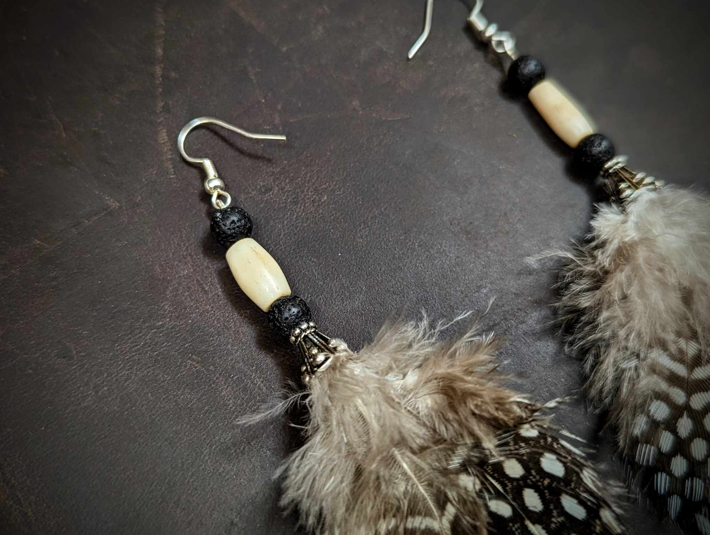 Guinea Feather Sterling Silver Lava And Bison Bone Bead Earrings