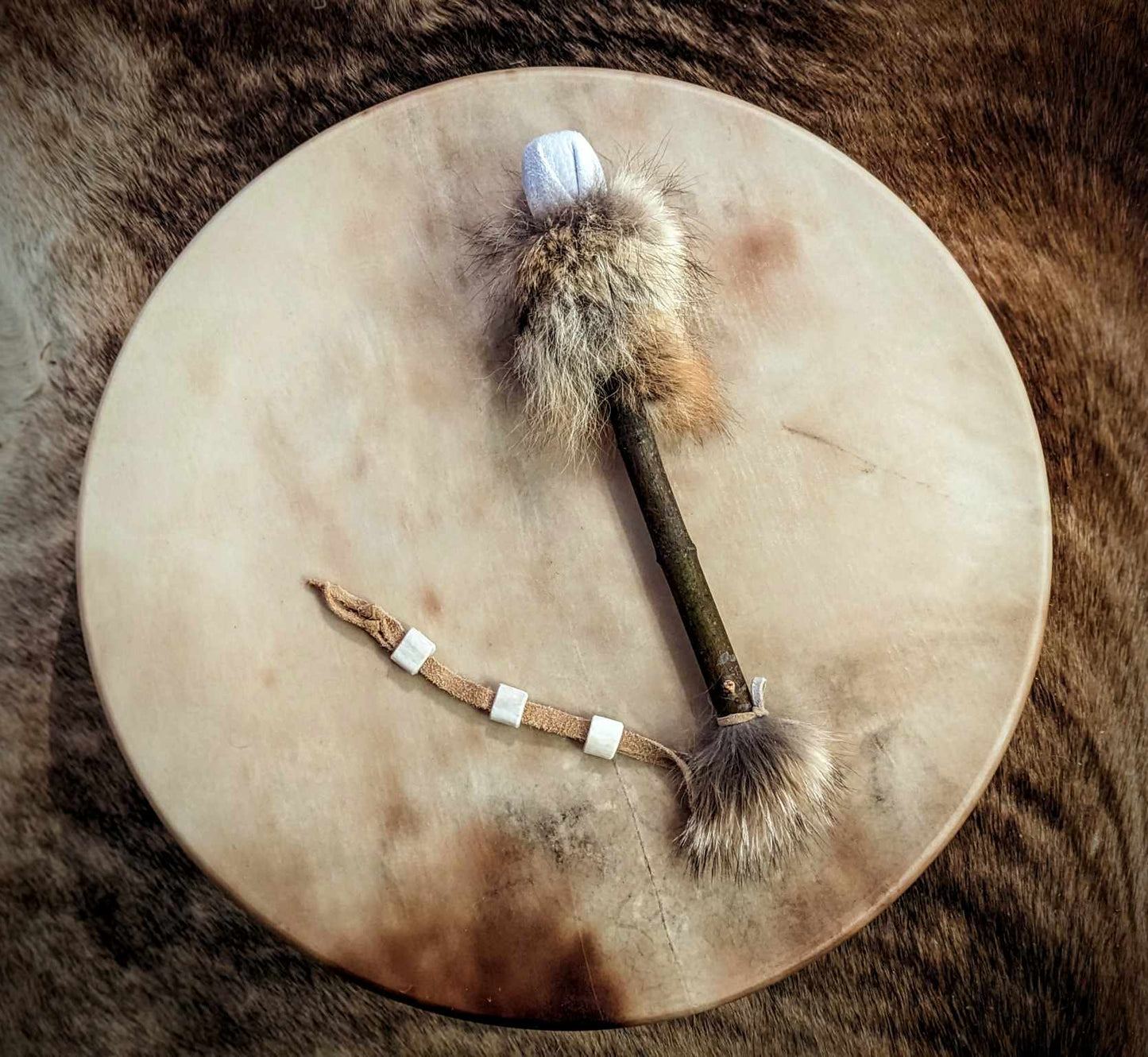 20 Inch Natural Deer Hide Drum With Coyote Fur and Deer Bone Beater