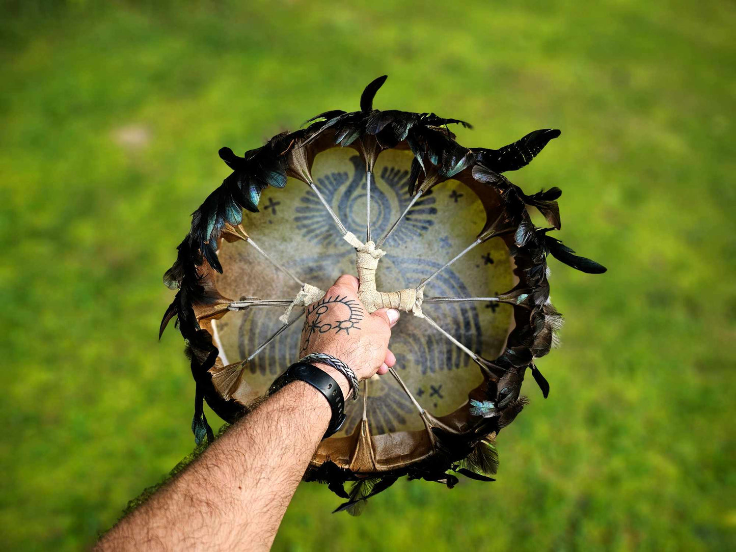 15" Black Bird Spirit Drum With Black Iridescent Rooster Hackle Fringe