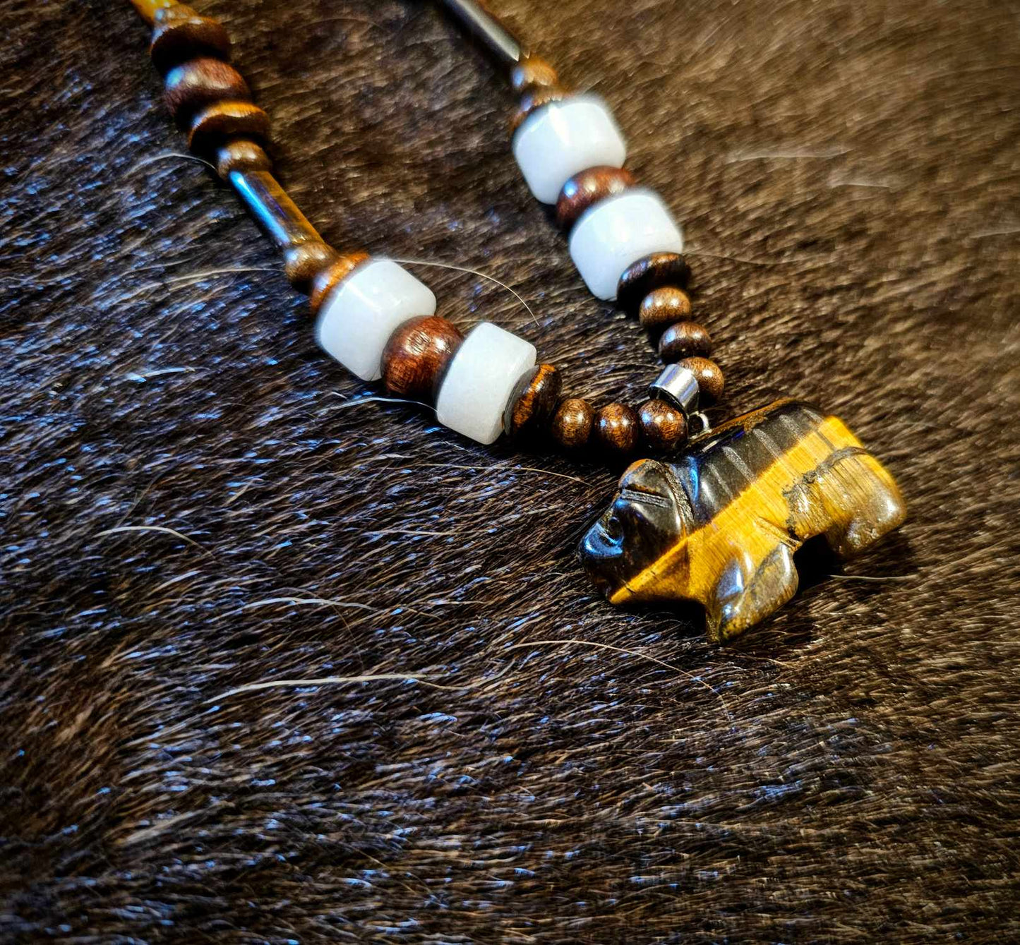 Agate Bear Pendant On Wood, Tiger's Eye, White Jade Beaded Necklace.