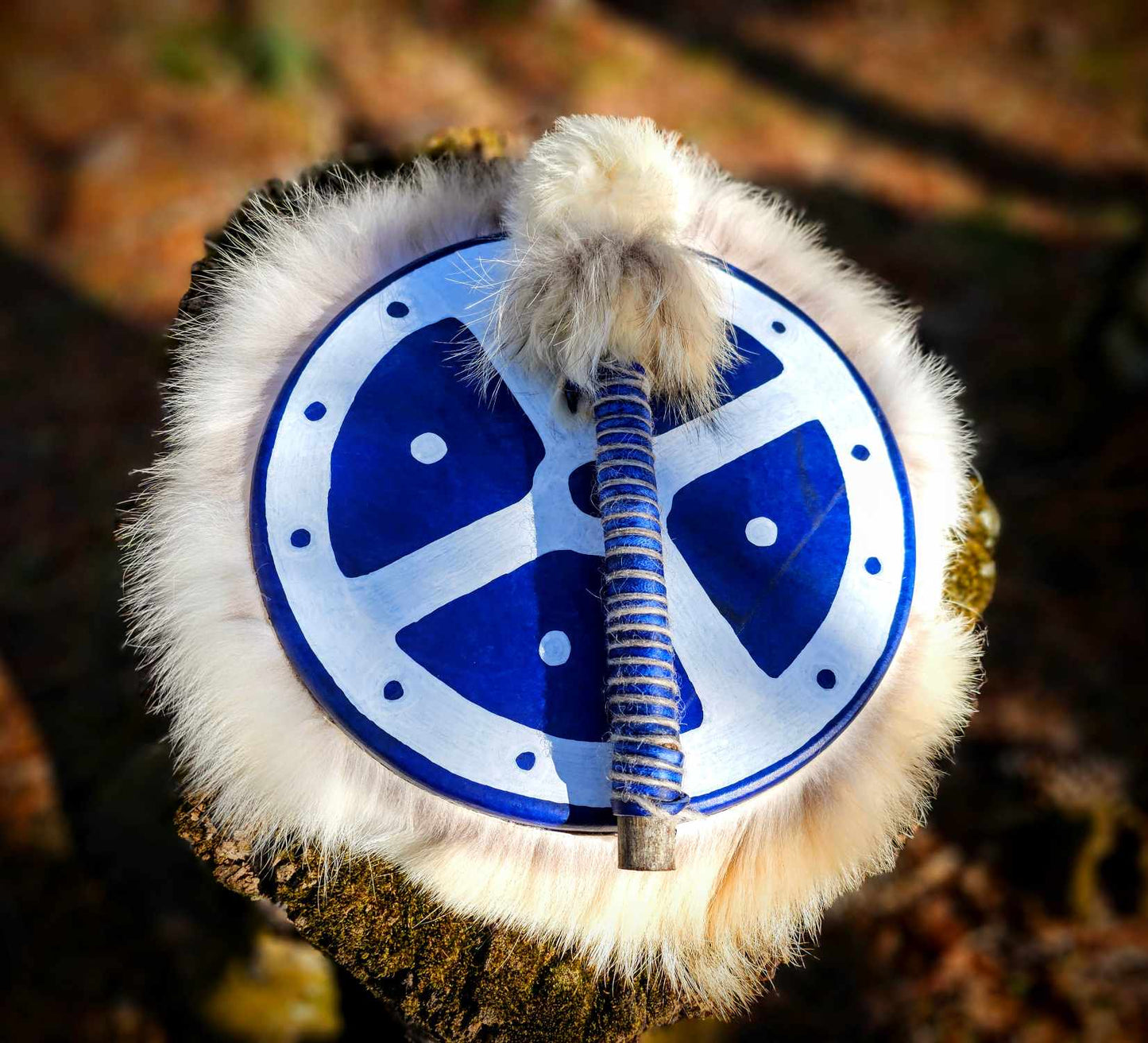 Winter Sundog Blue Deer Hide Drum With Coyote Fur and Rabbit Fur Beater